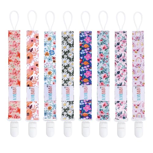 Image of ALVABABY Pacifier Clips 8 Pack Floral Paci Clip Holder Leashes Fits Most Pacifier Binkie Styles Teethers