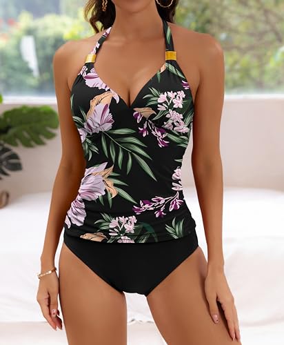 Image of B2prity Halter Tankini Swimsuit for Women Tummy Control Two Piece Bathing Suit V Neck Swimwear with Shorts