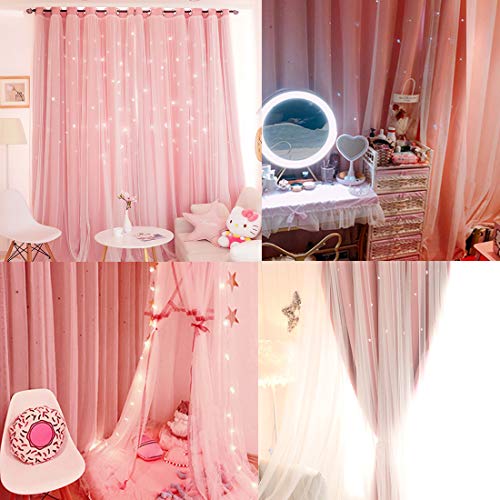 Unistar 2 Panels Stars Blackout Curtains For Bedroom Girls Kids Baby Window Curtain Double Layer Star Cut Out Aesthetic Living Room Decor Wall Home Decorations Curtain,W52 X L84 Inches,Pink #TOP5