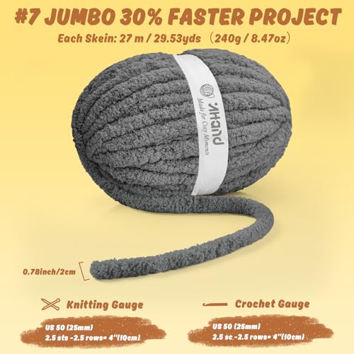 Image of Inhand Chunky Chenille Yarn for Hand Knitting,Thick Bulky Blanket Yarn for Crocheting,Soft Fluffy Yarn for Crochet Birthday Gifts for Men /Women /Beginners,8 Pack (29.5Yds /8.4oz Each),Deep Gray