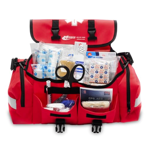 MFASCO First Aid Kit – Fully Stocked Portable Reflective Bag -First Responder Emergency Response Kit -for Natural Disaster Preparedness – Customizable Storage -Includes 415 Pcs First Aid Supplies- Red