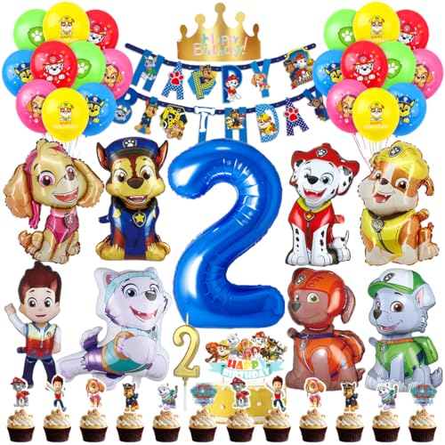 Patrol Geburtstag Deko 2 Jahre, Paw Luftballon Kindergeburtstag Jungen Mädchen, Cartoon Dog Ballons Set, Hund Dog Patrol Blau Luftballon 2 Geburtstag, Tortendeko für 2 Jahre Kindergeburtstag Partydeko