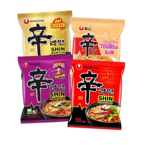 Korean Market | Pack Ramen Coreano Shin Ramyun 4 Sabores | Original, Pollo Picante, Tom Yum, yToomba | 4x120g | Pack de 4