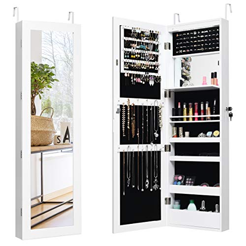 GOPLUS 2 en 1 Armoire à Bijoux avec Miroir, Organisateur de Bijoux Mural avec Lumières LED...