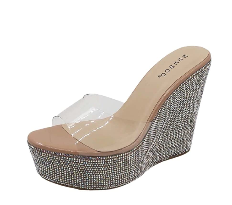 Image of BAMBOO Women's Clear Band Platform Wedge Slide Nude34 Size 7