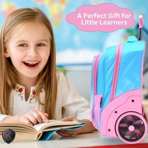 Image of i-kola 3pcs Kids Rolling School Bag Set - 16″ Trolley Backpack with Wheels, Spill-Proof Lunch Bag & Pencil Case - Telescopic Handle, Bottle Holder, L-Shaped Smooth Wheels, IKOLA - BLUEISH PINK, 16