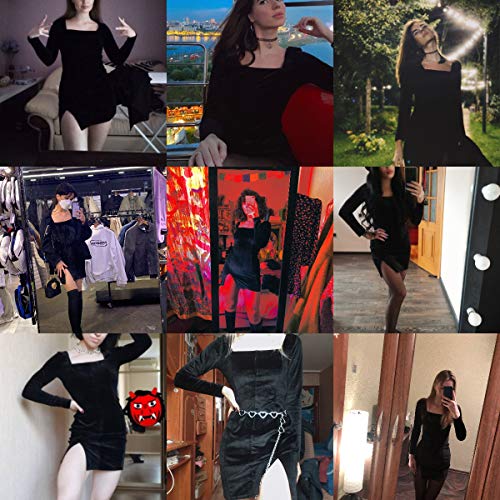 Women’s Sexy Velvet Bodycon Dress Gothic Square Neck Long Sleeve Mini Party Dress Rave Festival Clubwear Black #TOP4
