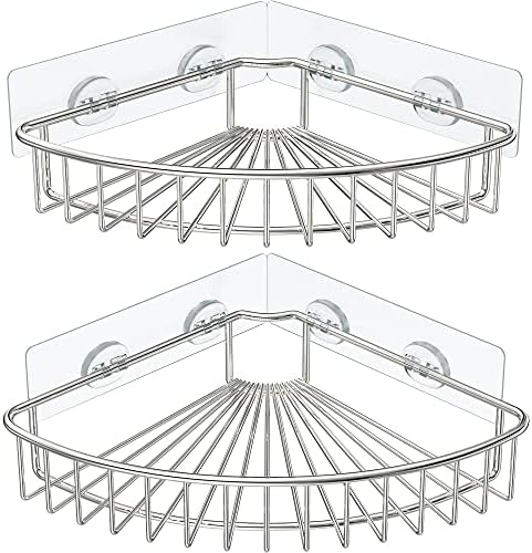 HEETA 2-Pack Corner Shower Caddy, Wall Mounted Storage Basket Shelve Adhesive, Bathroom Shelf Organiser for Shower Toilet Dorm Kitchen, SUS304 Stainless Steel No Drilling (Silver)