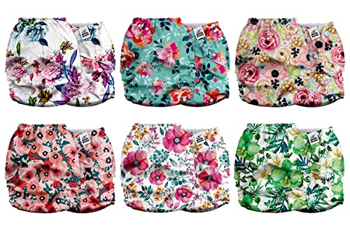 Image of Mama Koala 2.0 Baby Cloth Diapers with AWJ Lining and Tummy Panel, Washable Reusable Pocket Diapers, 6 Pack with 6 Natural Diaper Inserts (Bloomin' Lovely)