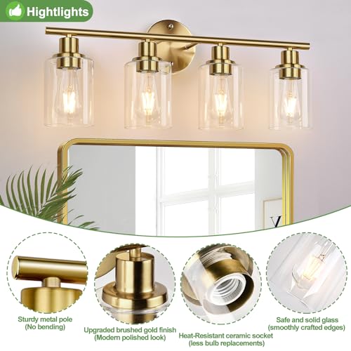 4-Light Bathroom Light Fixtures, Brushed Gold Modern Vanity Lights Over Mirror with Clear Glass Shade, Bathroom Wall Lamp for Mirror Kitchen Living Room Hallway Cabinet Porch Bedroom Reading room