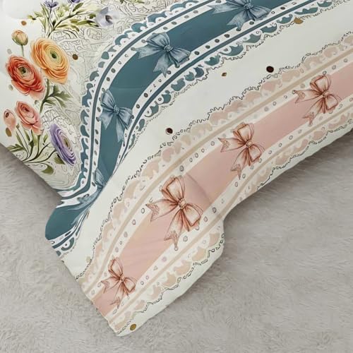 Image of AILONEN Colorful Floral Comforter Set Queen Size, Cottagecore Aesthetic Bowknot Bedding with 2 Pillowcases,3Pcs