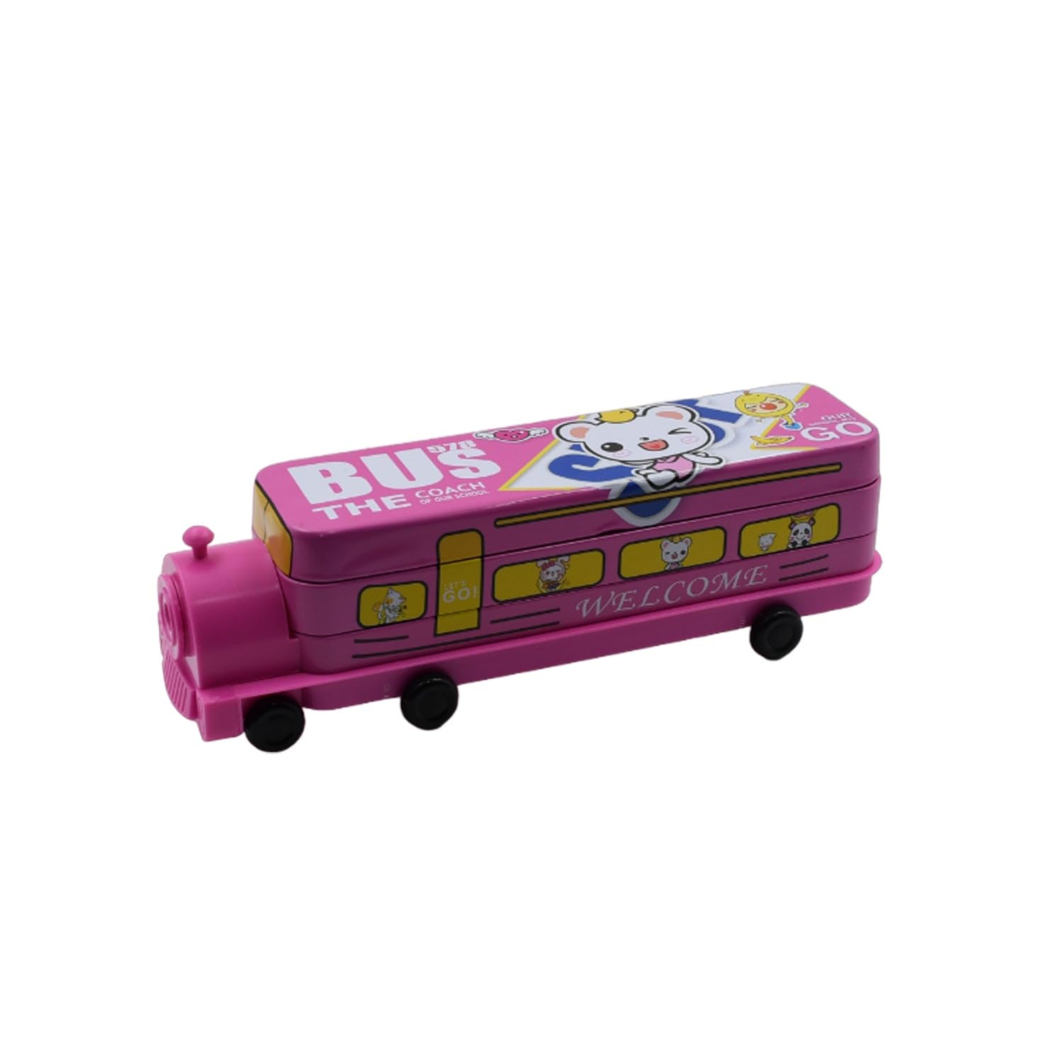 Wowli Double Decker Magic Bus Compass 2 Layer Metal Bus Compass Case with Movable Wheels Bus Shape with Tiers Metal Box for Children Birthday Party