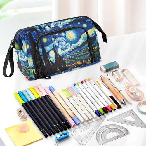 Image of SUABO Big Capacity Pencil Case, Van Gogh Starry Sky Pen Bag Pouch Holder Stationery Bag School College Office Organizer for Teen Adults Student
