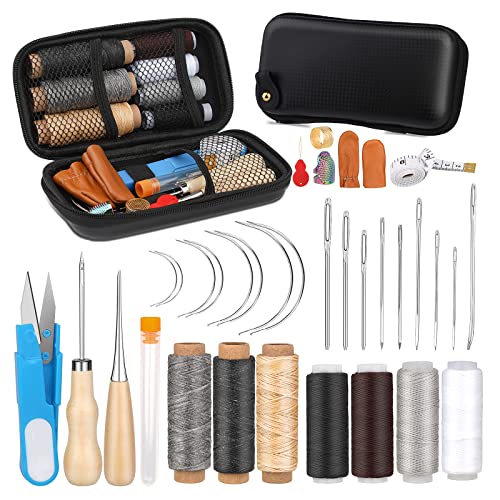 Upholstery Repair Kit, Leather Sewing Kit, with Upholstery Thread Cord, Large-Eye Stitching Needles, Awl and Thimble, Leather Working Tools and Supplies for DIY Leather Craft