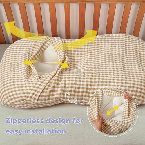 Image of FUNUPUP Muslin Baby Lounger Cover Only, Beige & Plaid | 100% Muslin Cotton Soft Breathable Easy On /Off Envelope Closure Machine Washable Easy-Clean Protector Neutral Colors