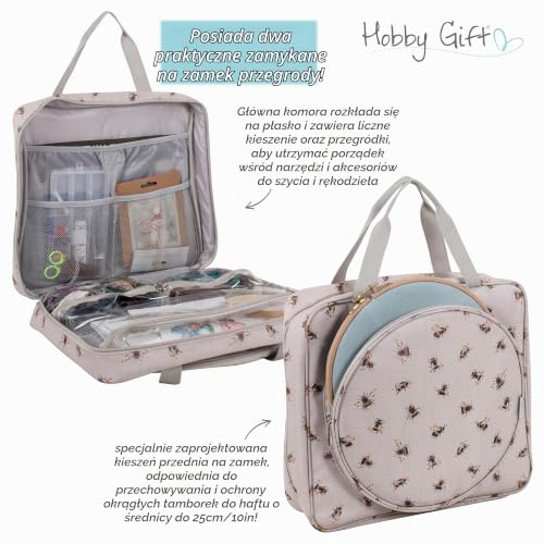 Hobby Gift Torba do haftu i krzyżykowego Bee Craft Bag do przechowywania ramek wieloobręczowych o szerokości do 25 cm z 2 kieszeniami zapinanymi na zamek na nici, 12 x 35 x 35cm