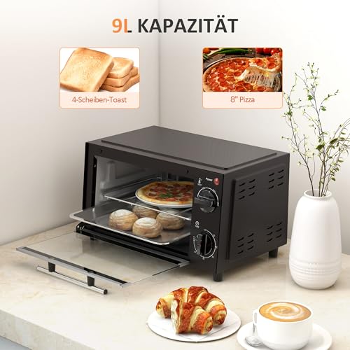 HOMCOM Mini piekarnik 9 l z blachą do pieczenia, ruszt do grillowania, 100°C – 230 °C, z regulacją temperatury i czasu gotowania, timer 60 min, 750 W, stal nierdzewna, czarny