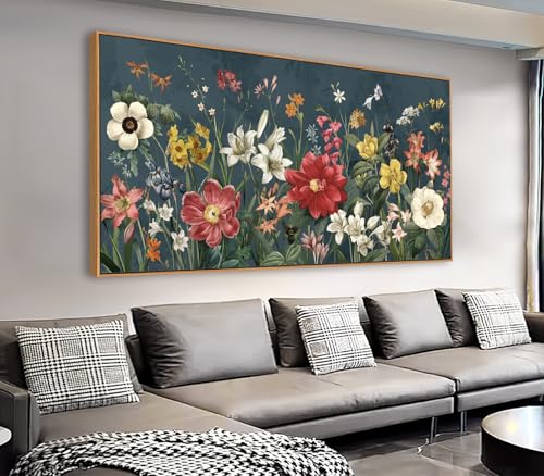 yearainn Botanical Framed Wall Art - Colorful Flowers Bouquet Canvas Pictures Wall Decor Wildflowers Painting Artwork Blooming Floral Prints Living Room Office Home Decor Natural Wood Frame 40" x 20"