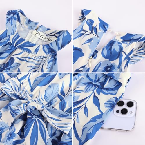 GRACE KARIN Girls Floral Jumpsuit Kids Halter Summer Belted Romper Wide Led Long Pants Deep Blue 14Y — view 5