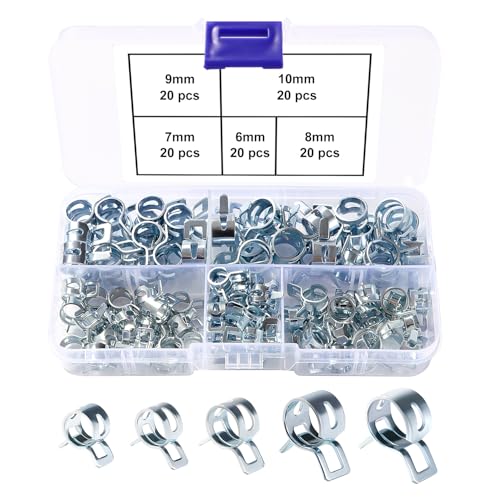Lyeteung 100 Pièces 6/7 / 8/9 / 10 mm Colliers de Serrage à Ressort Kit, Clips à Ressort Tuyau Serre-Joints à Tuyaux, Colliers de Serrage en Silicone pour Tuyau de Carburant, Argent