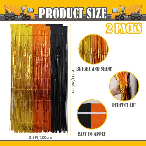 Image of TONIFUL 2Pcs Gold Orange Black Metallic Tinsel Foil Fringe Curtain Streamer | 3.3ftx6.6ft Photo Booth Backdrop Door Streamer for Birthday Halloween New Year Thanksgiving Basketball Sport Party Decoration
