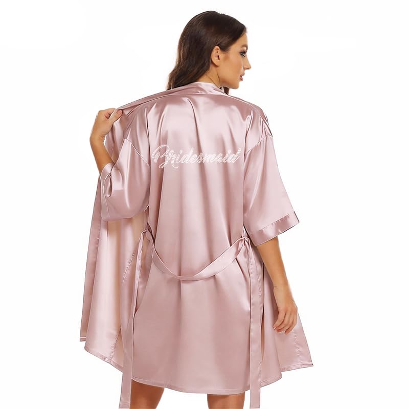 Image of Women's Bride Bridesmaid Robes Short Satin One Size Silver Rhinestones Wedding Party Getting Ready Sleepwear