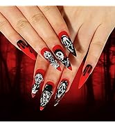 EIOAUY Press on Nails Long Stiletto Fake Nails Black Red Acrylic False Nails with scary face and ...