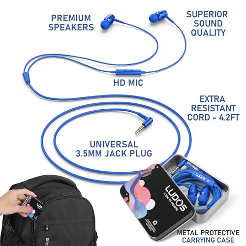 Image of LUDOS OMNITONE Wired Earbuds in-Ear Headphones, 5 Year Warranty, Earphones with Microphone, 3.5 mm Jack Corded Ear Buds, Videoconference for iPhone, Samsung, Laptop, Kids, School Students - Blue