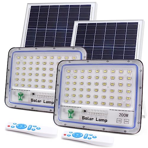 081 Store - 2 PEZZI Faro Led Esterno con Pannello Solare, Faro a Led da Giardino 200w con Sensore Crepuscolare e Telecomando, Faretto Solare Impermeabile IP66