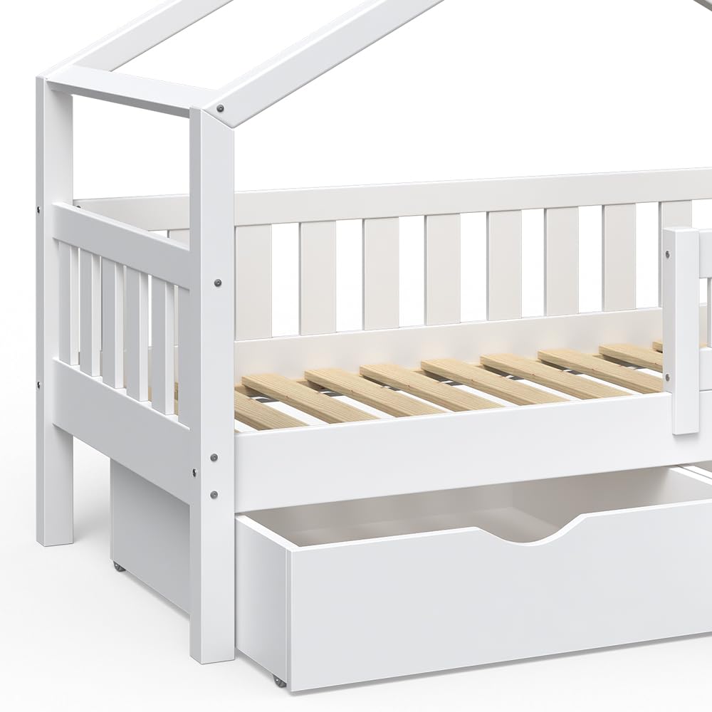 VitaliSpa Hausbett Design, Weiß, 80x160 cm | mit 2 Schubladen, geeignet als Spiel- und Schlafbereich für Kinder