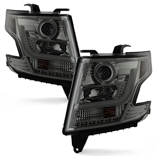 AKKON - For 2015 2016 2017 2018 2019 2020 Chevy Suburban | Chevy Tahoe LH + RH Smoked Halogen LED Light Tube Projector Headlights Set