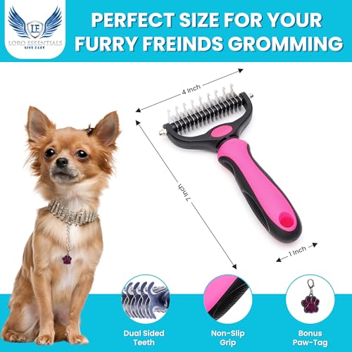 LORO ESSENTIALS Pet Comb Stainless Steel Double-Sided Shedding Demitting Cat Dog Rake Pet Brush With Stainless Steel Dog Tag, Paw Pet Stainless (Pink)