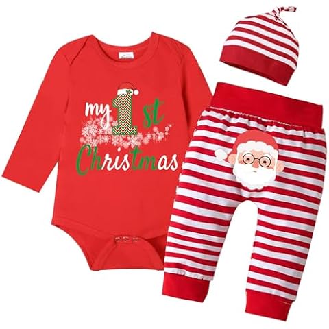 Baby Girls Boys My 1st Christmas Outfits, Newborn Infant Xmas Santa Clothes Bodysuits + Stripes Pants + Hat, Red, 0-3 Months Cover