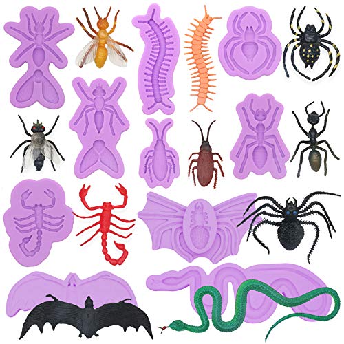 Scary Prank Fondant Silicone Molds Insects Bat Snake, Sugarcraft Cake Decorating, Cupcake Topper, Epoxy Resin, Polymer Clay Craft Projects 10-Count