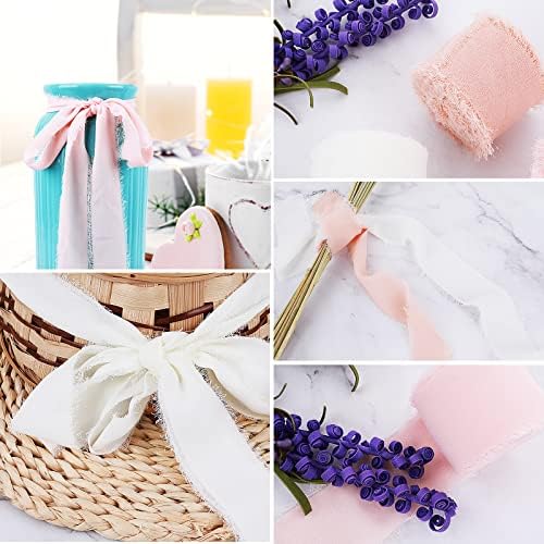 3 Rolls 1.5" x 7Yd Handmade Fringe Chiffon Silk Ribbon, Abeillo Pink Ribbon Frayed Edges Ribbons for Wedding Invitations, Bridal Bouquets, Gift Wrapping