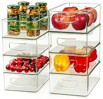 Hudgan 8 PACK Clear Plastic Storage Bins for Organizing, Straight Sides Stackable Organizer Bins for Kitchen & Pantry Organizers and Storage