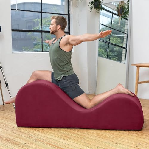 Image of Dime Store Luxury Wooden Frame Fully Leather Tantric Chaise Lounge Sofa - Ergonomic Curved Design for Yoga, Relaxation & Intimacy (Maroon)