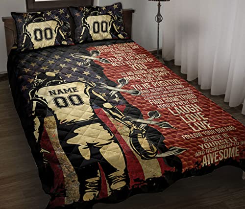 OhaPrints Custom Football Boy Us Flag Player Fan Gift Motivate Personalized Name Number Quilt Blanket & Pillowcases, Bedding Set & Pillow Cover, King Queen Double Twin Throw Full Size Bedspread Bed