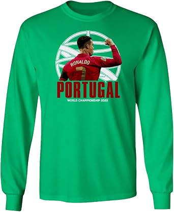 KING THREADS Ronaldo Goat Portugal Football World Soccer 2022 Fans Long Sleeve T-Shirt Green, Small