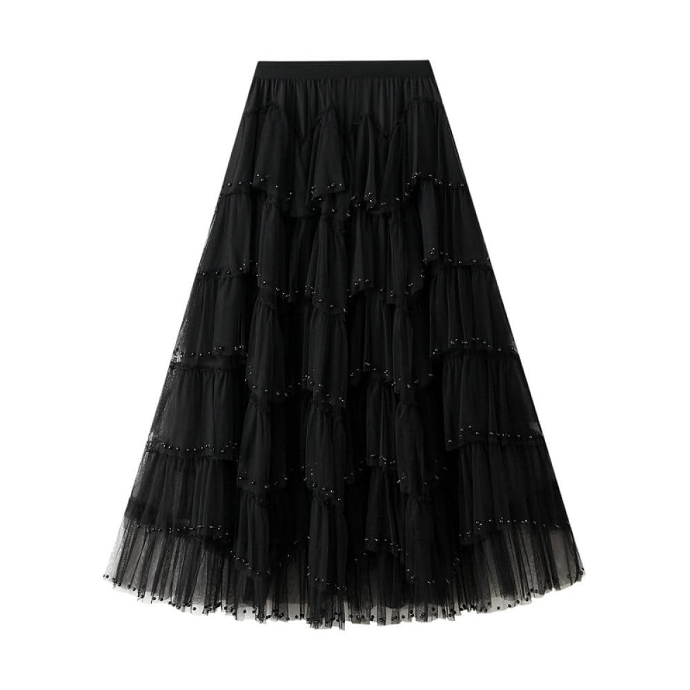 Damen-Tüllrock, Luxuriöser Perlen-Stufen-Midirock, Schwarz, Geschichteter, Plissierter Netzrock, Elastischer A-Linien-Rock Mit Hoher Taille, Modischer Party-Langrock Für Damen Und Mädchen
