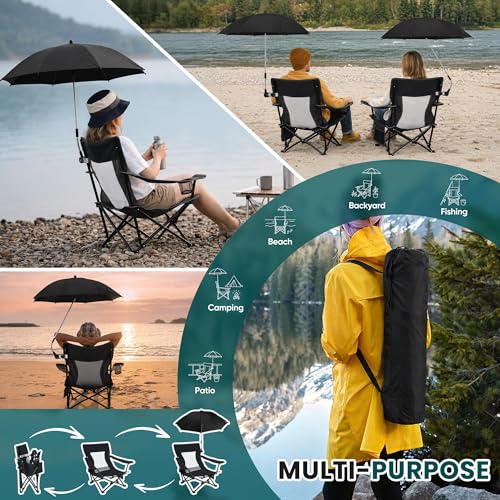Image of HaSteeL Low Beach Chair Set of 2, Foldable Black Camping Chair with Adjustable Umbrella Set for Adults, Lightweight Portable Lawn Chairs for Fishing, Picnic, Outdoor BBQ, Travel, Sports