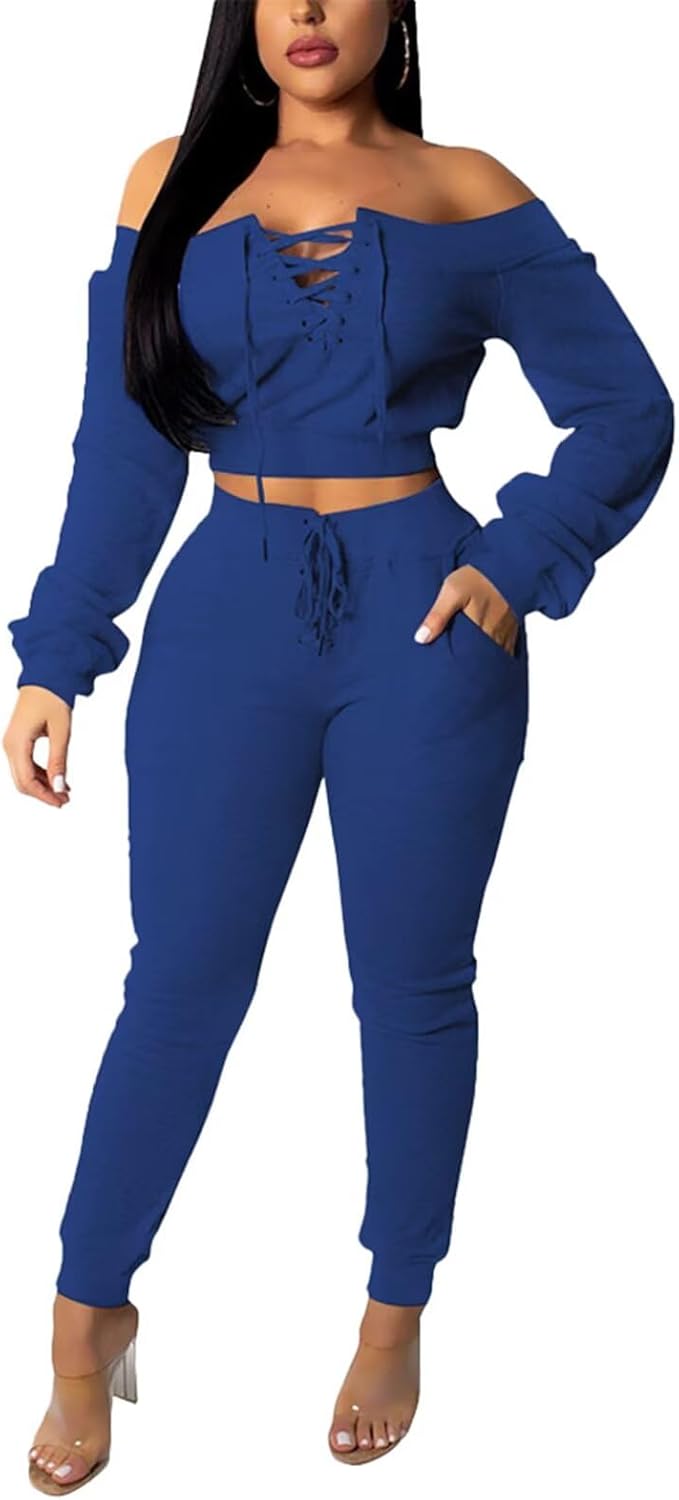 acelyn Sexy 2 Piece Outfits for Women Off Shoulder Lace Up Long Sleeve Crop Top Pants Sets Tracksuit Casual Sweatsuit
