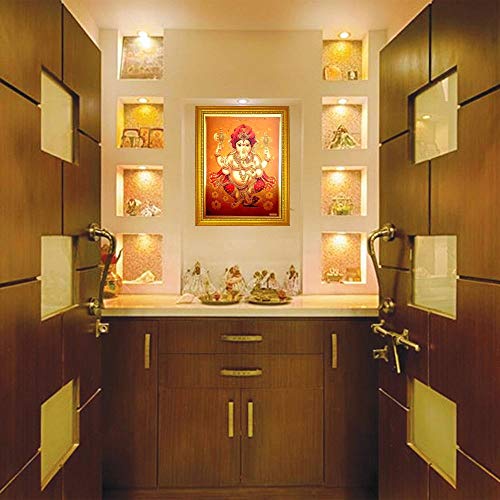 Image of ADA Handicraft Lord Ganesh Ganpati Religious Painting Photo Frame for Pooja Hindu God Photos With Frame for Wall Decor - Gold (35 * 25cm)