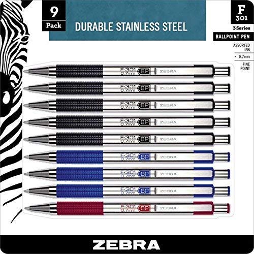 Zebra F-301 Ballpoint Stainless Steel Retractable Pen, Fine Point, 0.7mm, Assorted Ink, 9-Count: Black, Blue, Red Limited Edition