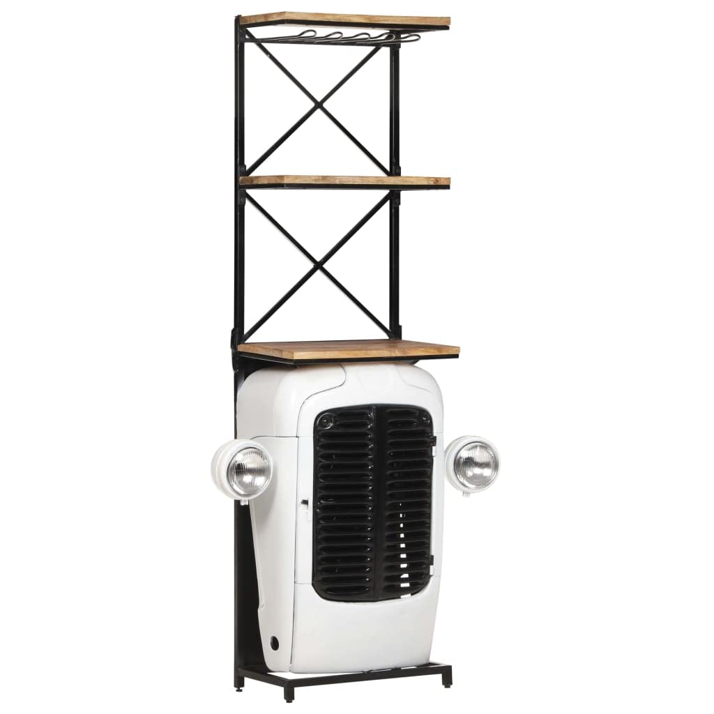 Traktor-Weinschrank Weiß aus rauem Mangoholz und Metall, 49x31x172 cm, 9 Flaschenhalter, 2 Ablagen, stehend, platzsparend, für Küche, Esszimmer, Wohnzimmer, Bar und Keller