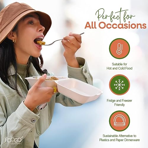 FOOGO Green 50 Stück umweltfreundliche Clamshell-Verpackungsboxen, 9x6 Zoll, 32oz / 900ml, hergestellt aus natürlicher Zuckerrohrpulpe, Einweg-Verpackungsbehälter, kompostierbar, biologisch abbaubar