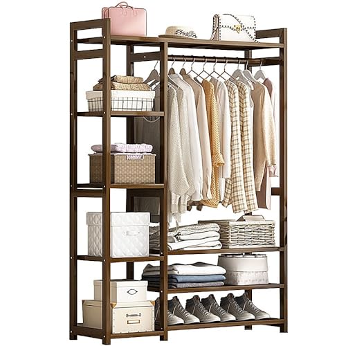 Perchero de bambú con estantes de almacenamiento y compartimentos, colgador portátil para ropa para dormitorio y entrada