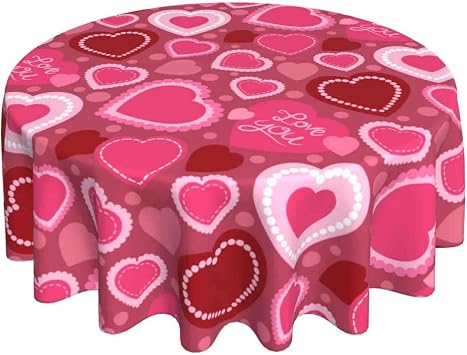 Kawani Happy Valentines Day Tablecloth Round 60 Inch Pink Heart Washable Wrinkle Stain-Resistant Polyester Table Cloth Farmhouse Rustic Indoor Valentines Decorations for Party Home Kitchen Dining