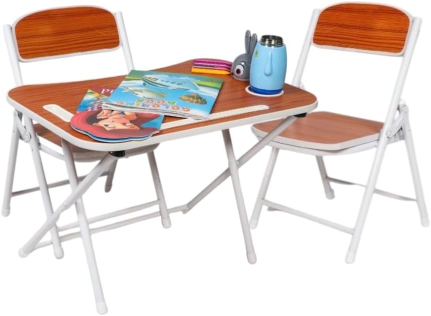 The Tickle Toe Foldable Table and 2 Chairs Set for Kids | MDF & Metal Frame Furniture for Toddlers | Compact Learning Desk Set | Study Table for 2-5 Years | Walnut Brown | Made in India
