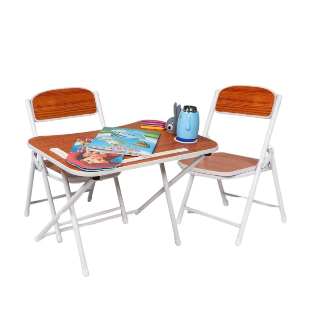 The Tickle Toe Foldable Table and 2 Chairs Set for Kids | MDF & Metal Frame Furniture for Toddlers | Compact Learning Desk Set | Study Table for 2-5 Years | Walnut Brown | Made in India